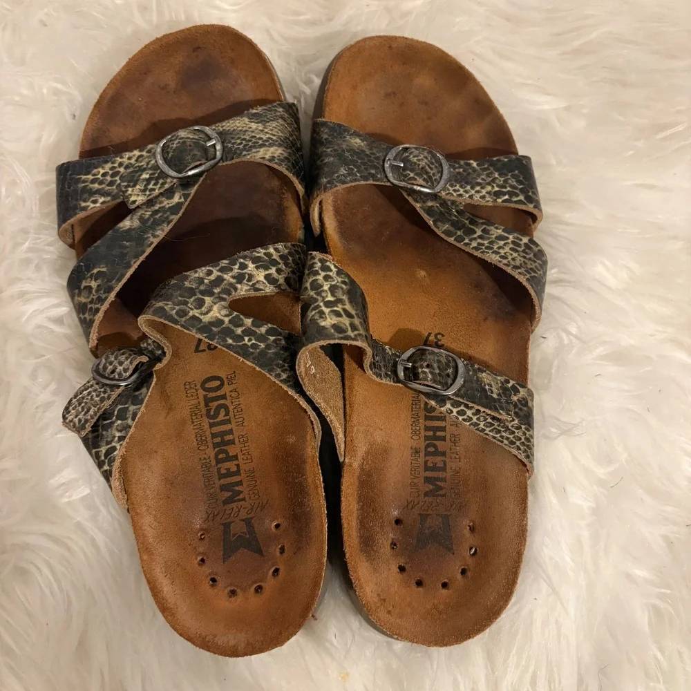 Mephisto Womens Helen Snakeskin Print Leather Buckle Slide Sandals Size 37 US 7